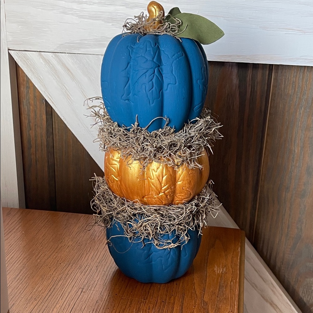 Blue and Gold Pumpkin Stack Home Accent